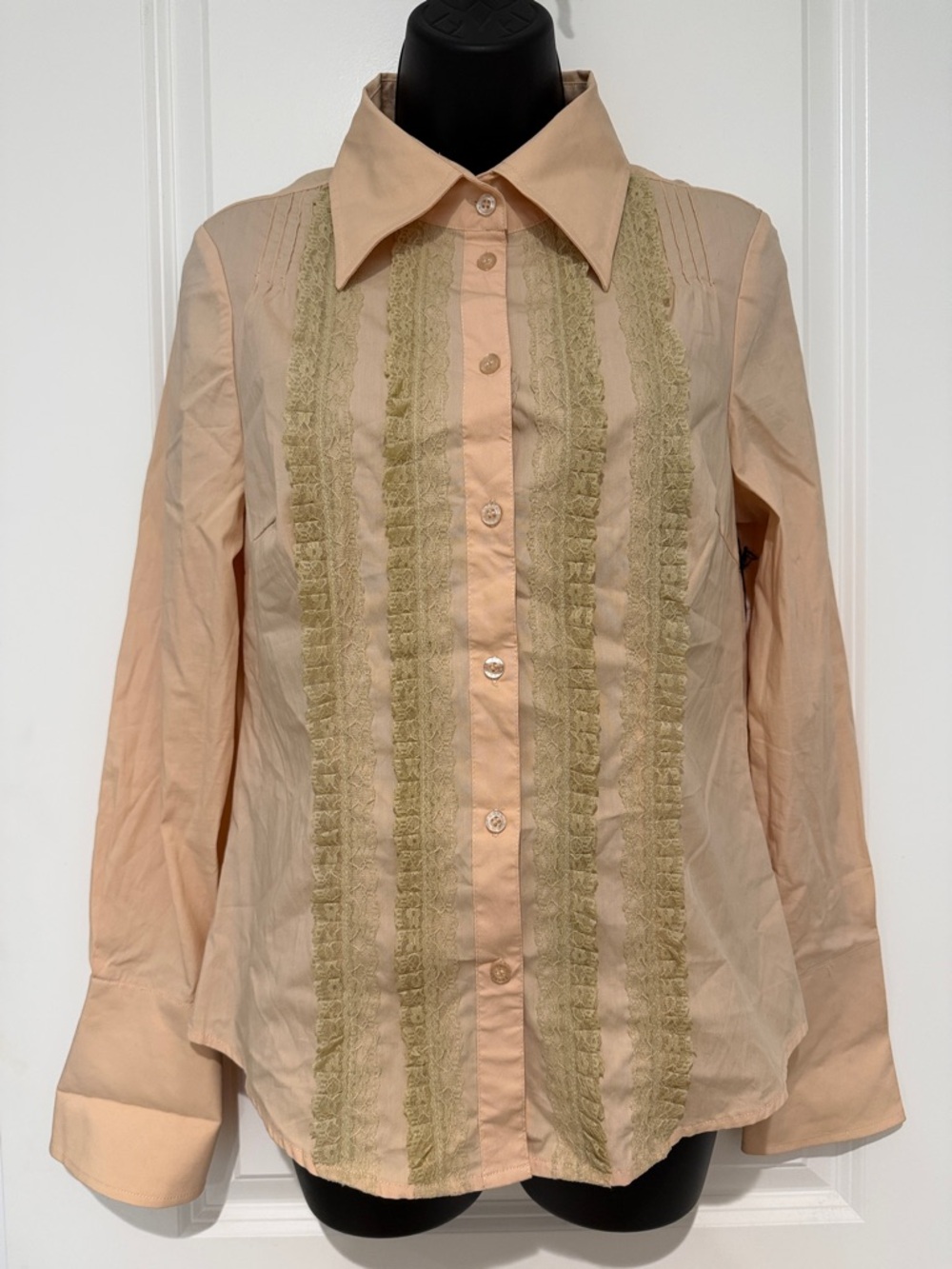 BCBGMaxAzria Front Lace Ruffle Detail Tuxedo Button Down Shirt